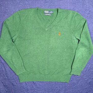 Polo Ralph Lauren Men's Green Lambs Wool V-Neck Sweater Orange Pony Logo Size L